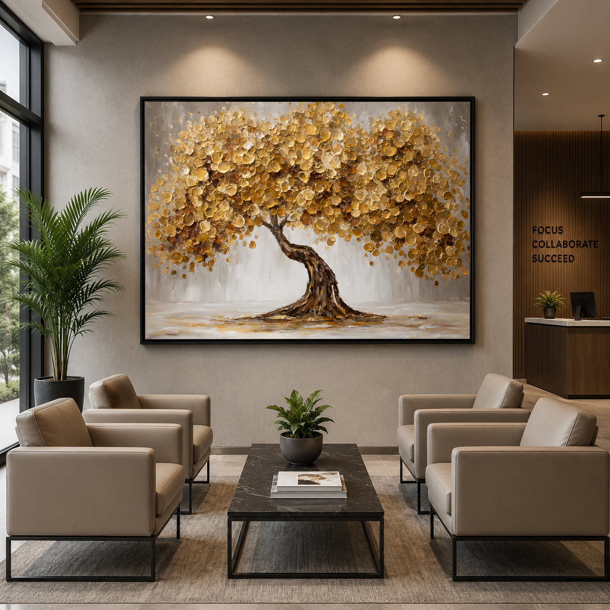 Golden Lucky Wish Tree Canvas Painting for Home Wall Decor