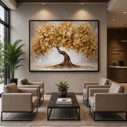 Golden Lucky Wish Tree Canvas Painting for Home Wall Decor
