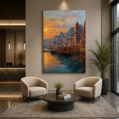 Banaras Ghats Artwork Canvas Painting for Premium Wall Decor