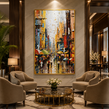 Abstract Rainy City Street Canvas Wall Art