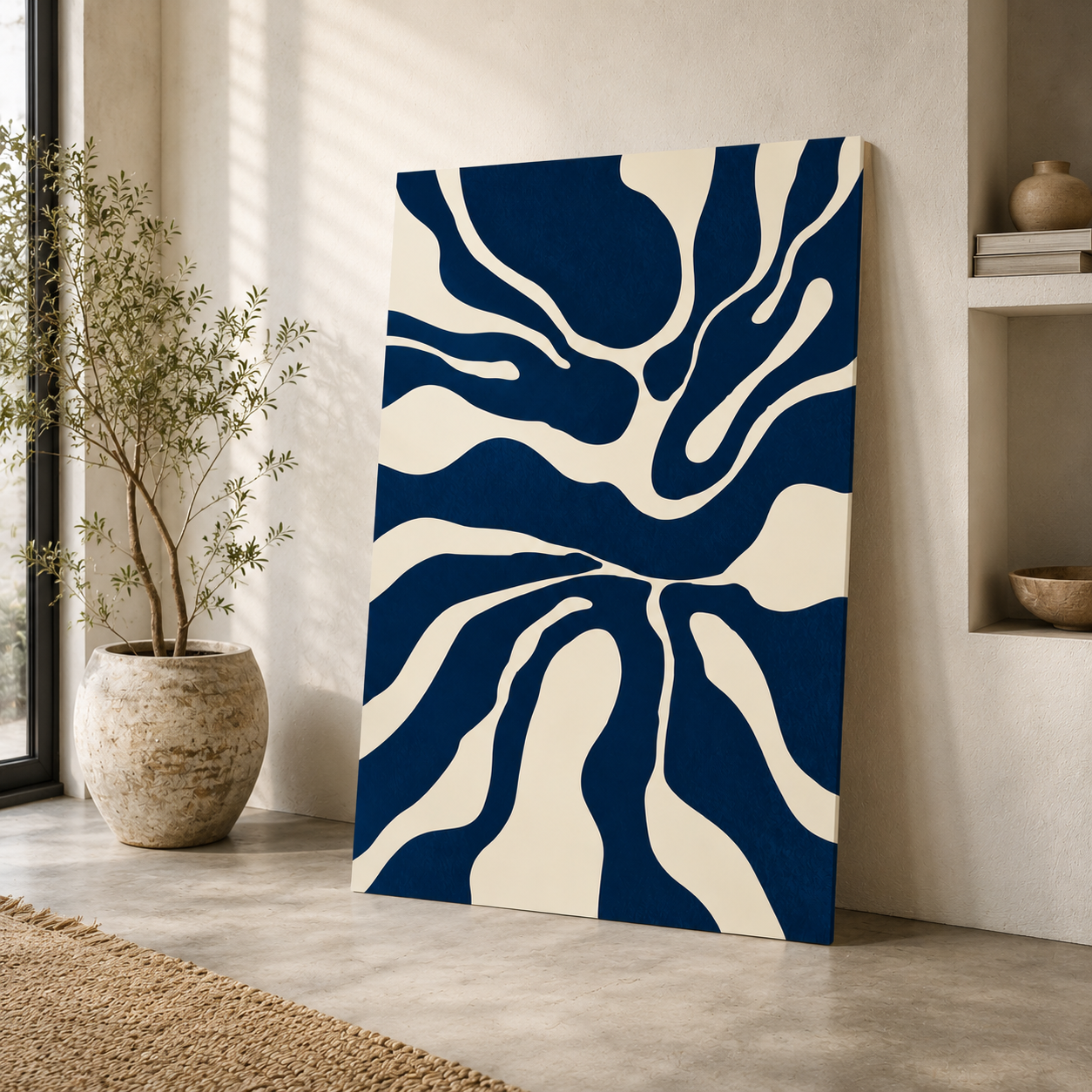 Indigo Flow Abstract Wall Art – Modern Blue & White Canvas Painting