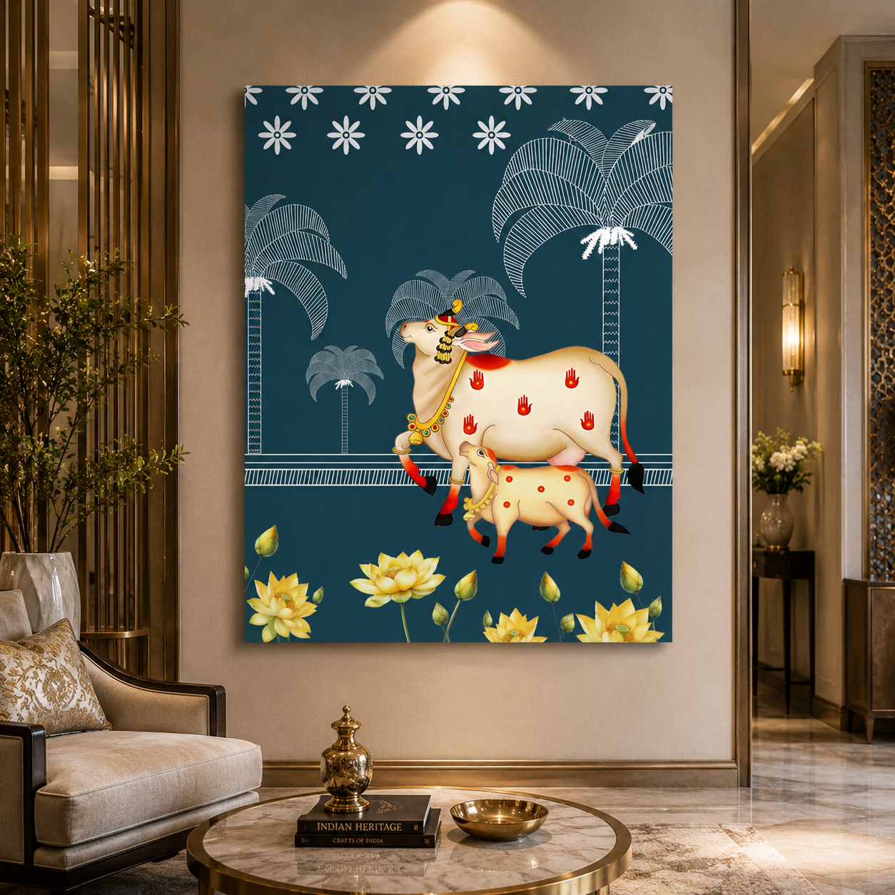 Sacred Cow & Lotus Nightscape Luxury Canvas Wall Art