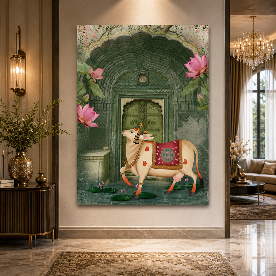 Pichwai Wall Art Painting – Sacred Cow Temple Lotus Heritage Canvas Wall Art