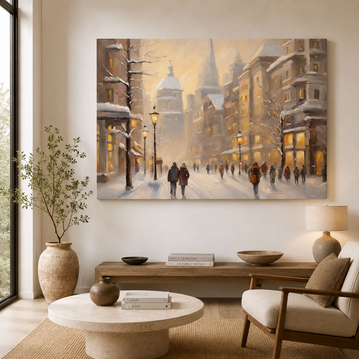 Winter European City Street Canvas Wall Art