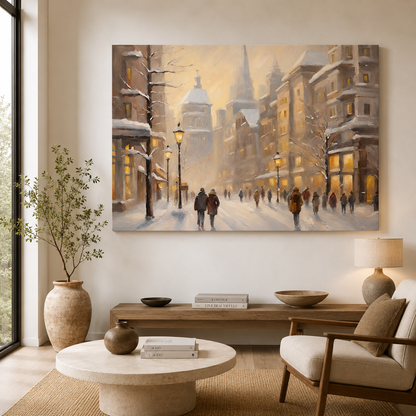 Winter European City Street Canvas Wall Art