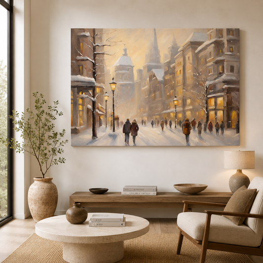 Winter European City Street Canvas Wall Art