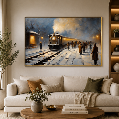 Vintage Winter Train Station Canvas Wall Art