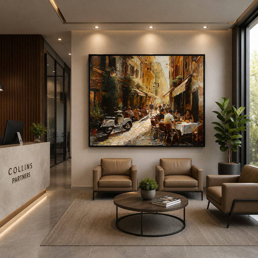 European Café Street Canvas Wall Art with Golden Frame