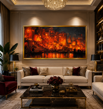 Banaras Ghats Scenic Canvas Painting for Stylish Wall Decor