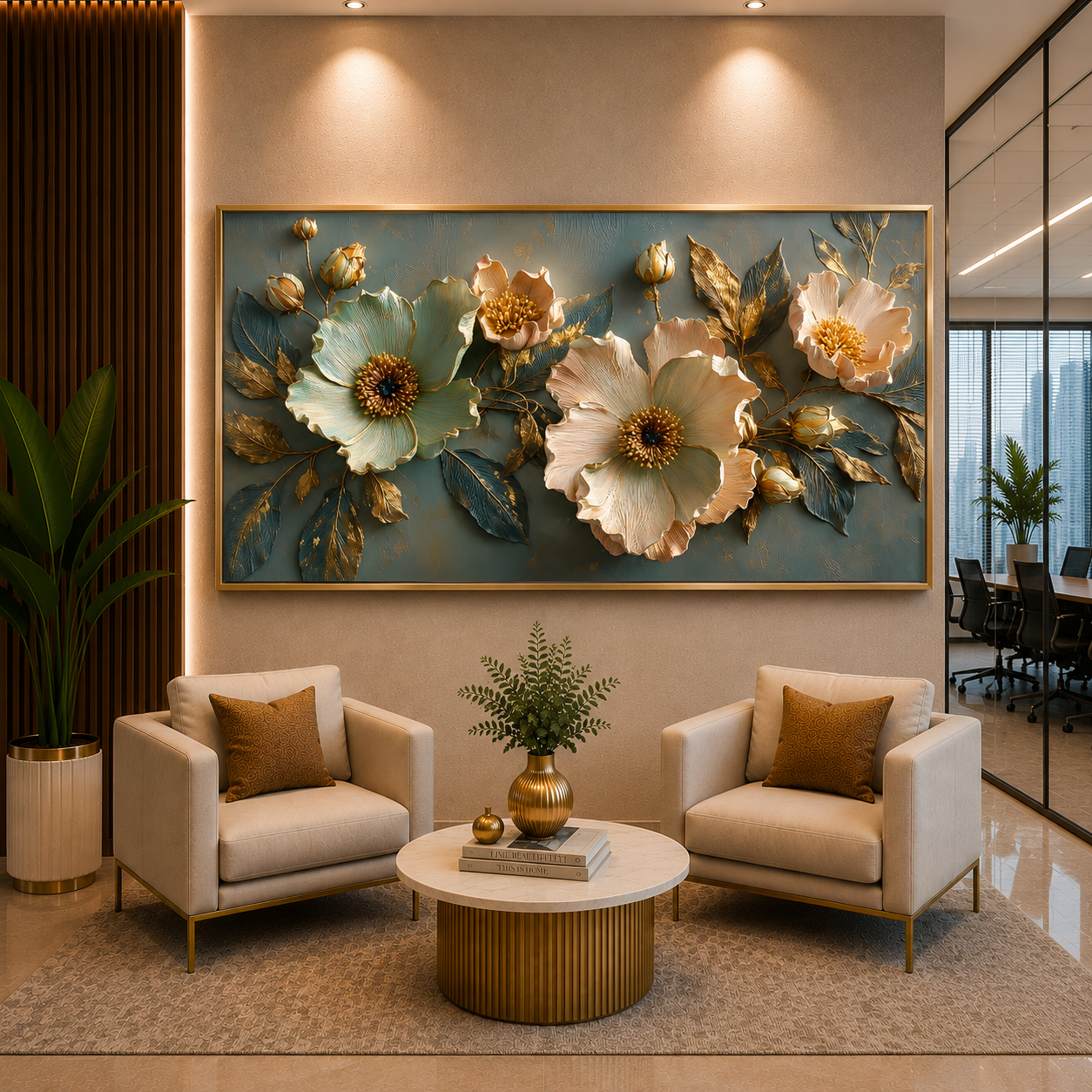 Luxury Blue & Ivory Floral Wall Art Canvas with Gold Accents
