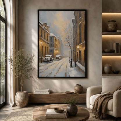 Snowy Vintage Street Canvas Wall Art