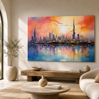 Modern Dubai Skyline Sunset Canvas Wall Art