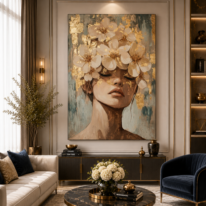 Elegant Floral Portrait Canvas Wall Art with Gold Accents Décor