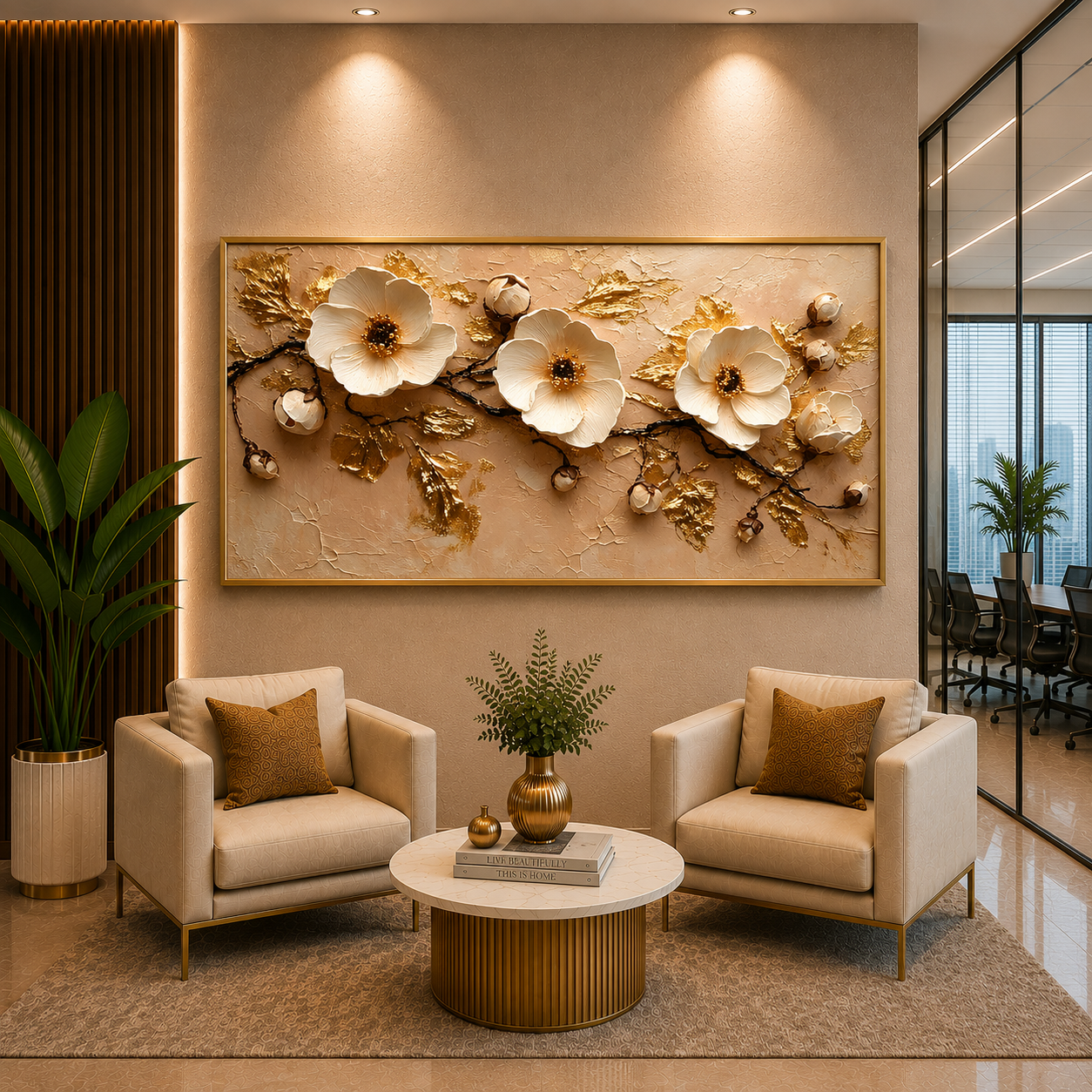 Luxury White & Gold Floral Canvas Wall Art for Elegant Spaces