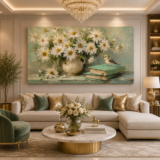 Vintage Daisy Floral Still Life Canvas Wall Art for Elegant Décor