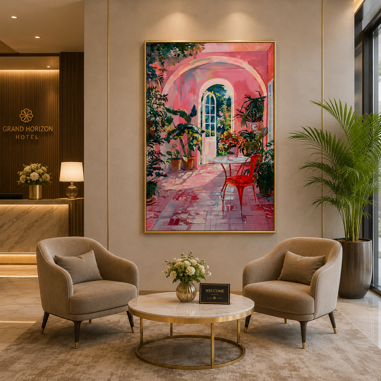 Pink Garden Patio Wall Art Abstract Canvas Painting for Kids Room