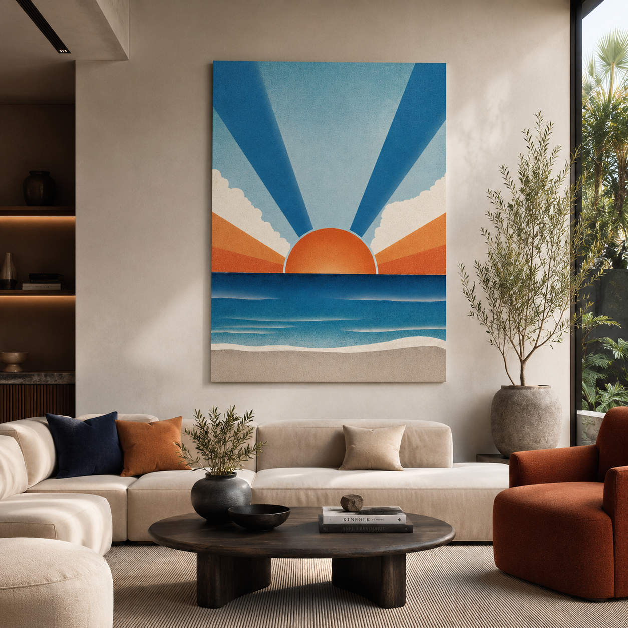 Retro Coastal Sunset Wall Art Canvas for Modern Living Room Decor