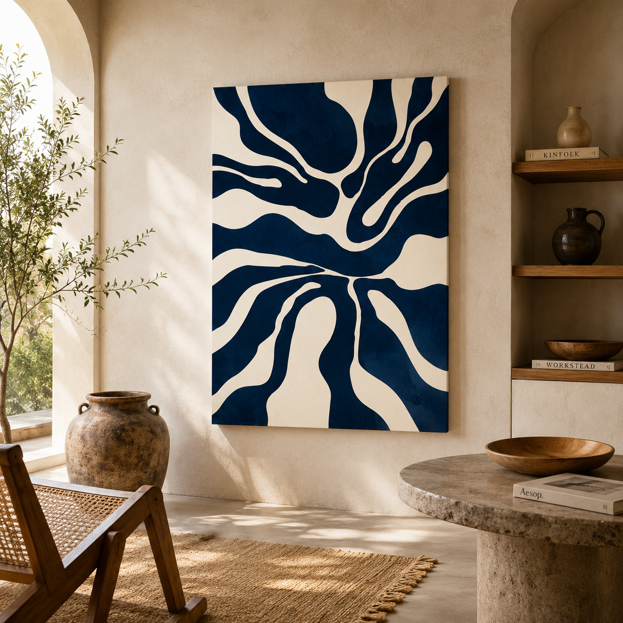 Indigo Flow Abstract Wall Art – Modern Blue & White Canvas Painting