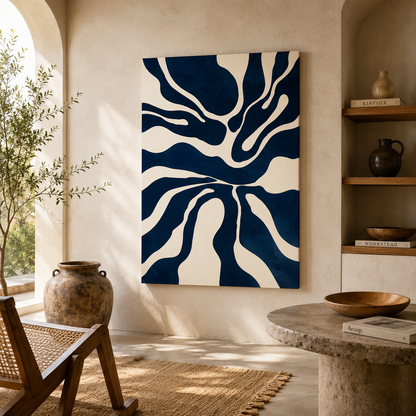 Indigo Flow Abstract Wall Art – Modern Blue & White Canvas Painting