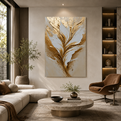 Luxury White & Gold Floral Abstract Canvas Wall Art for Modern Decor