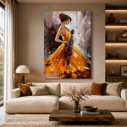 Elegant Violin Lady Canvas Art – Abstract Musical Wall Painting