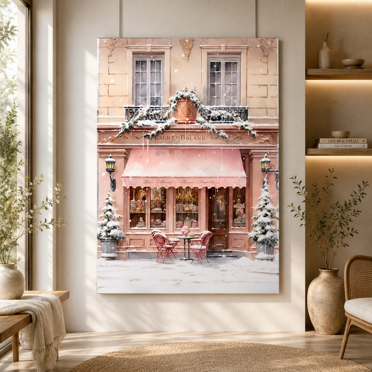 Pink Paris Café Winter Canvas Wall Art