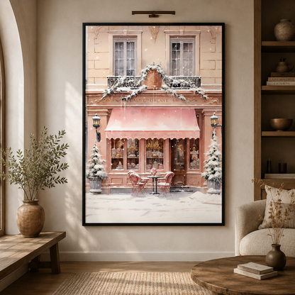 Pink Paris Café Winter Canvas Wall Art