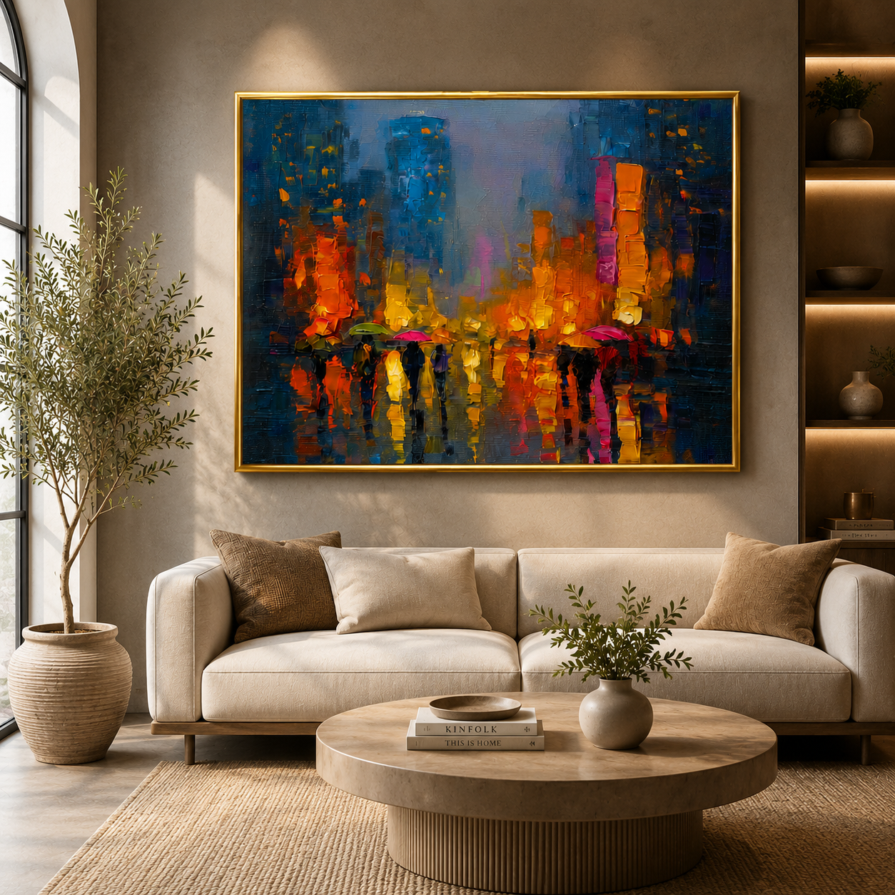 Abstract Neon Rain Cityscape Canvas Wall Art