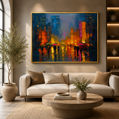 Abstract Neon Rain Cityscape Canvas Wall Art