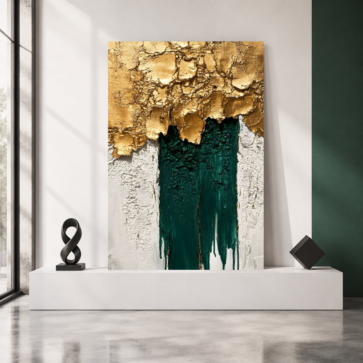 Emerald Cascade Abstract Wall Art – Luxury Gold & Green Canvas Painting