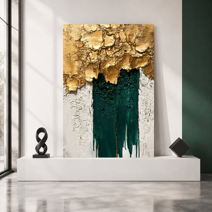 Emerald Cascade Abstract Wall Art – Luxury Gold & Green Canvas Painting