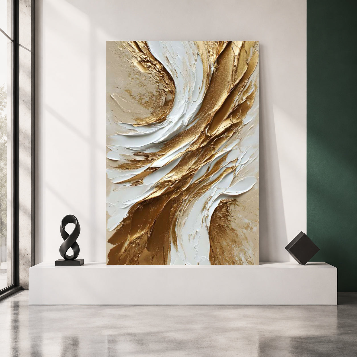 Golden Whisper Abstract Wall Art – Luxury White & Gold Vertical Canvas