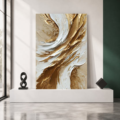 Golden Whisper Abstract Wall Art – Luxury White & Gold Vertical Canvas
