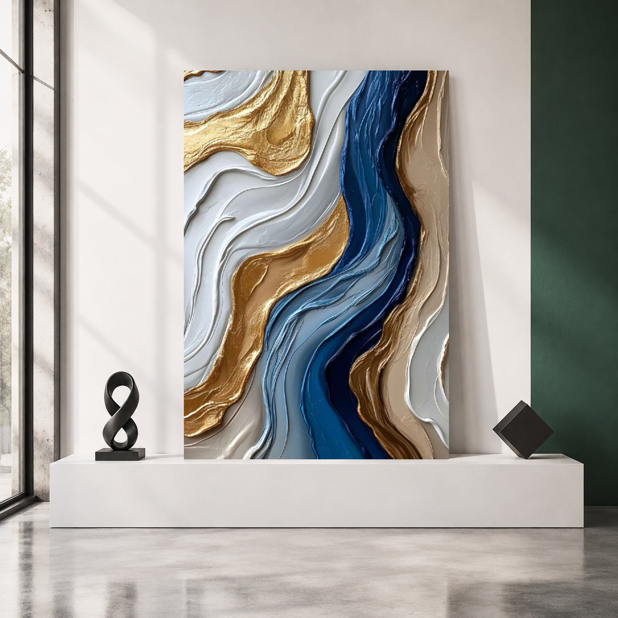 Azure Flow Abstract Wall Art – Luxury Blue & Gold Vertical Canvas