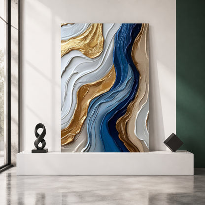 Azure Flow Abstract Wall Art – Luxury Blue & Gold Vertical Canvas