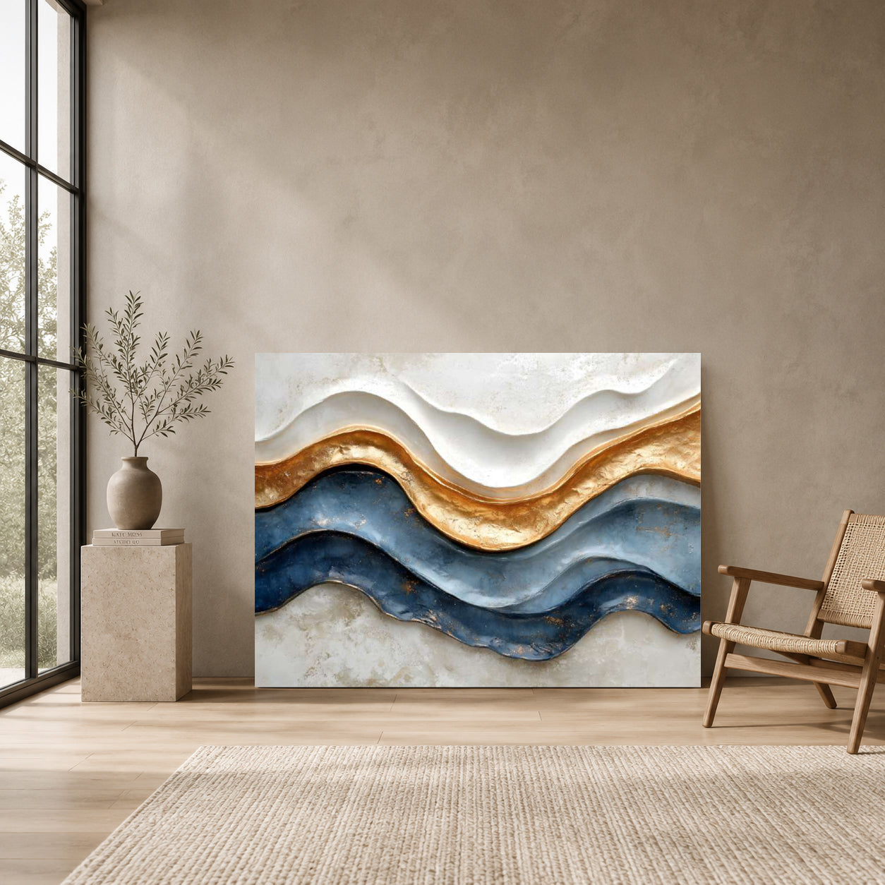 Golden Flow Abstract Wall Art – Luxury Blue & Gold Modern Canvas Painting