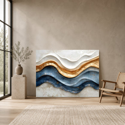 Golden Flow Abstract Wall Art – Luxury Blue & Gold Modern Canvas Painting