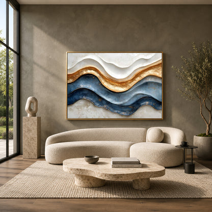 Golden Flow Abstract Wall Art – Luxury Blue & Gold Modern Canvas Painting