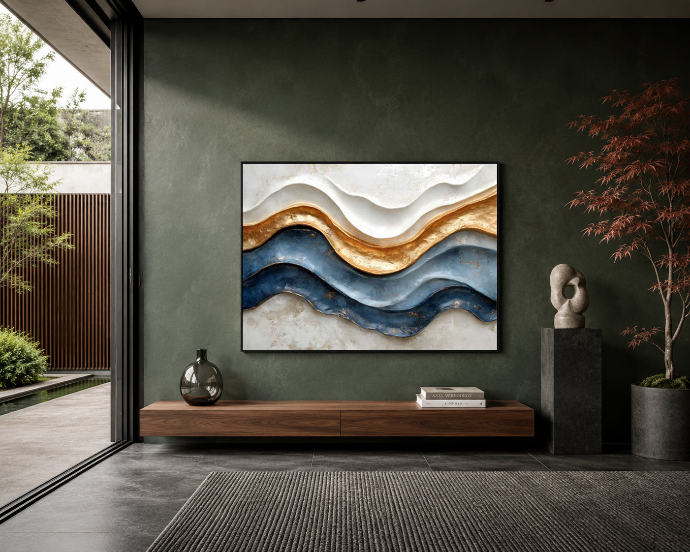 Golden Flow Abstract Wall Art – Luxury Blue & Gold Modern Canvas Painting