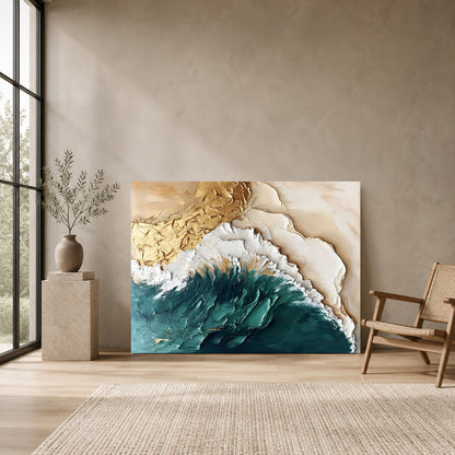 Ocean Crest Abstract Wall Art – Luxury Teal & Gold Modern Canvas Painting