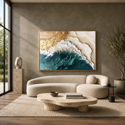 Ocean Crest Abstract Wall Art – Luxury Teal & Gold Modern Canvas Painting