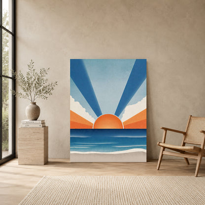 Retro Coastal Sunset Wall Art Canvas for Modern Living Room Decor
