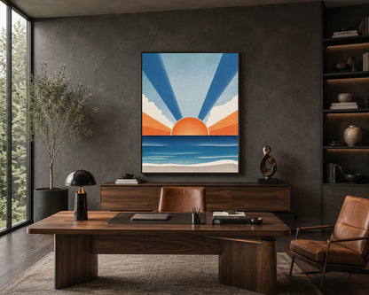 Retro Coastal Sunset Wall Art Canvas for Modern Living Room Decor