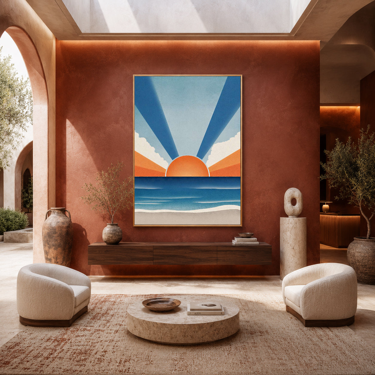 Retro Coastal Sunset Wall Art Canvas for Modern Living Room Decor