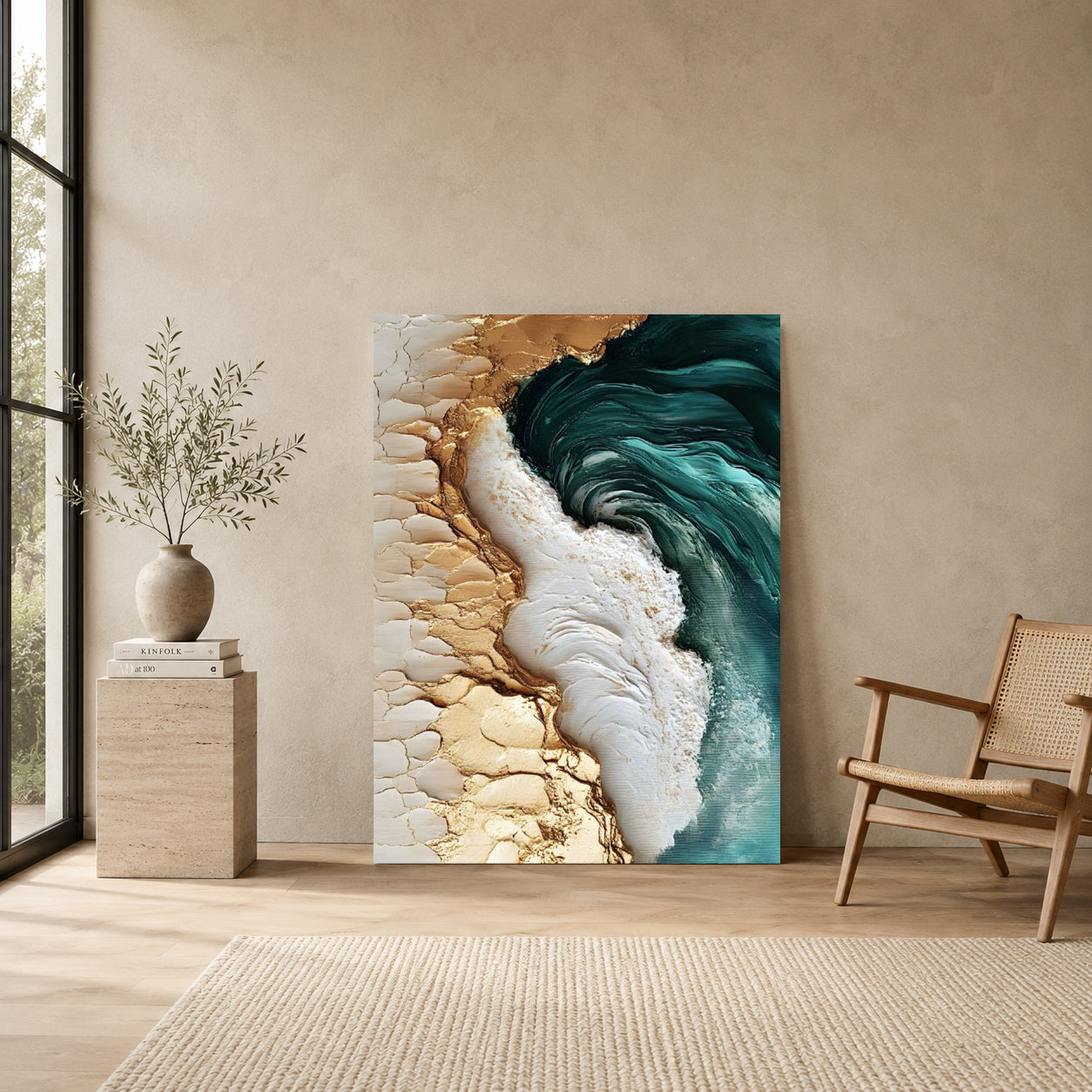 Luxury Ocean Wave Abstract Canvas Wall Art with Gold Accents