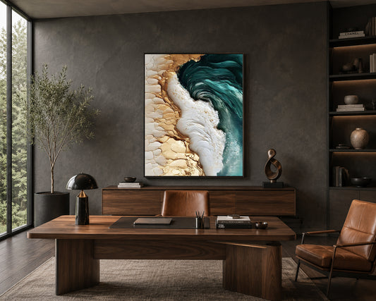 Luxury Ocean Wave Abstract Canvas Wall Art with Gold Accents