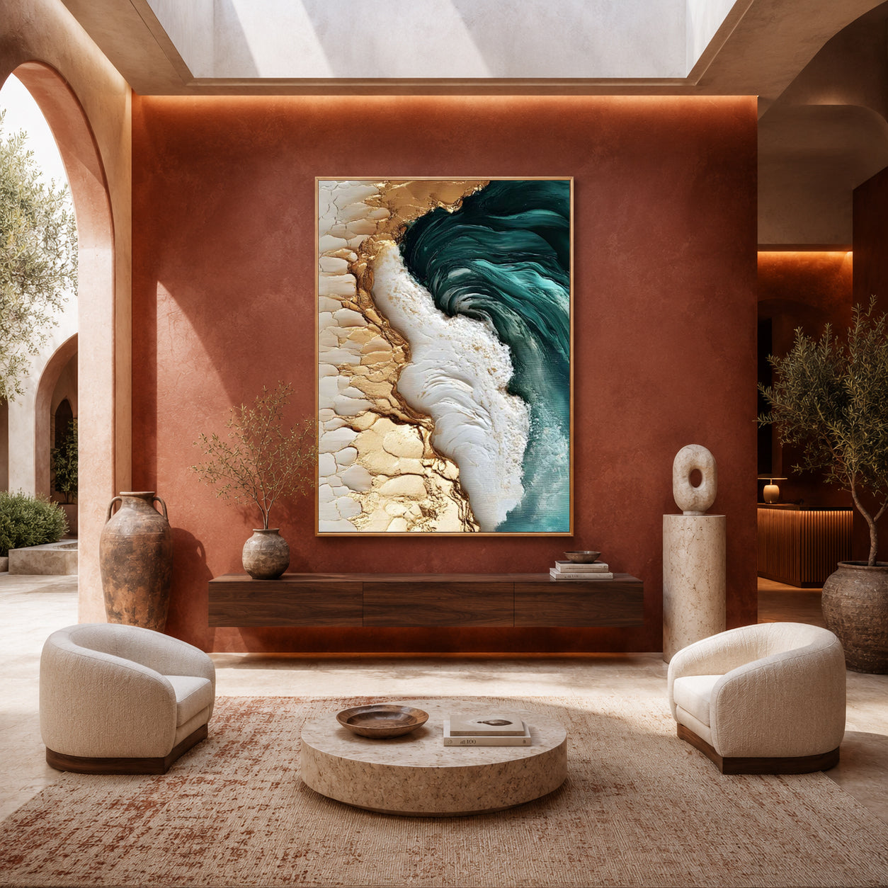 Luxury Ocean Wave Abstract Canvas Wall Art with Gold Accents