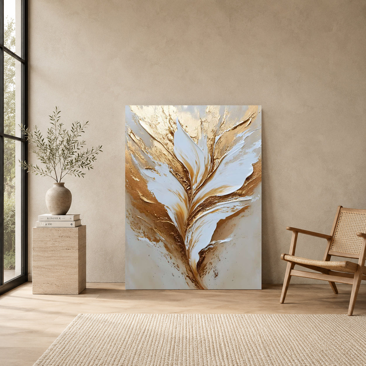Luxury White & Gold Floral Abstract Canvas Wall Art for Modern Decor