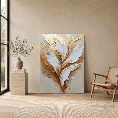 Luxury White & Gold Floral Abstract Canvas Wall Art for Modern Decor
