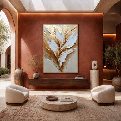 Luxury White & Gold Floral Abstract Canvas Wall Art for Modern Decor
